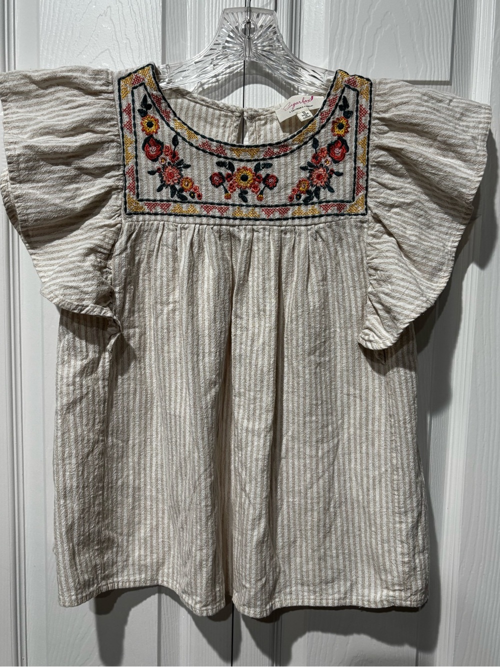 Embroidered Floral Yoke Ruffle Sleeve Blouse - Cream Stripe